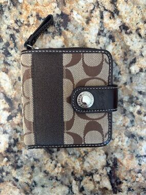 Coach Brown Signature Canvas Zip Wallet with Dark Trim